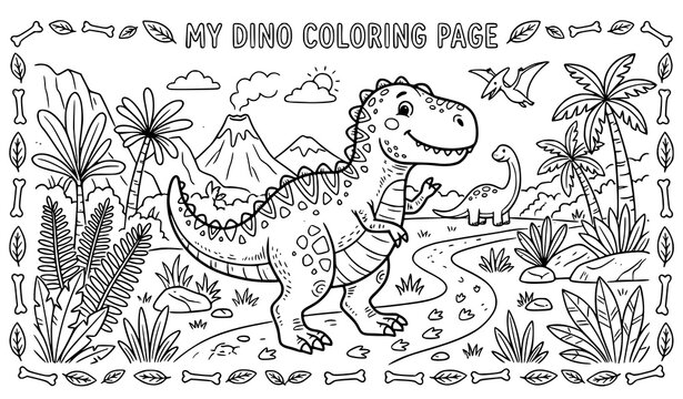 My Dino Coloring Page With T Rex Dinosaur In Jungle Scene, Black And White Vector Illustration For Kids Activity Book Design