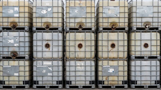 Industrial IBC tote containers stacked in warehouse, intermediate bulk containers for chemical storage and liquid transport, weathered plastic tanks with metal cages for logistics. Transparent