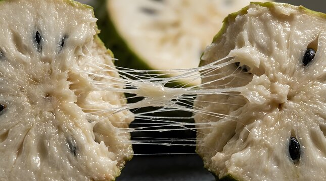 Close-up shot of a sliced fresh soursop fruit showing fibrous white pulp and black seeds pulled apart with sticky stretchy texture
