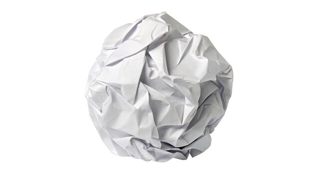 Single crumpled ball of white blank paper texture wrinkled scrap isolated on transparent background cut out