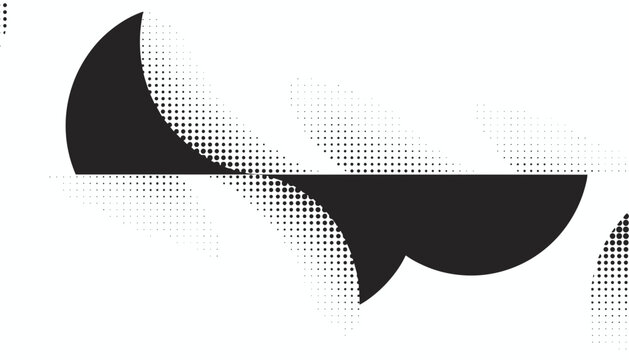 Abstract black and white geometric background featuring half-circle shapes with halftone dot patterns on white.