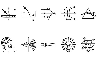 Obraz premium Scientific physics education icons featuring light refraction reflection diffraction and optical lens principles for clear conceptual digital vector graphic design
