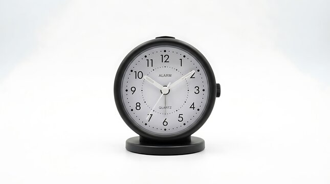 Classic black round analog alarm clock isolated on a clean white background