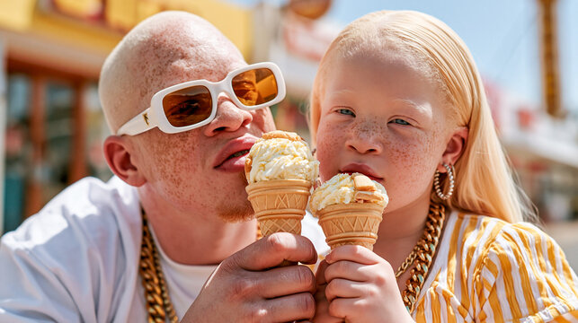 Father and Daughter With Albinism Eating Ice Cream