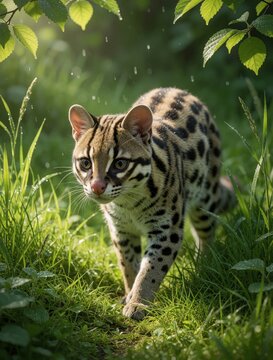 Small wildcat oncilla with spotted fur walks through green grass meadow. Digital fantasy felid predator moves stealthily in spring forest clearing. Wild cat explores nature under soft light with rich