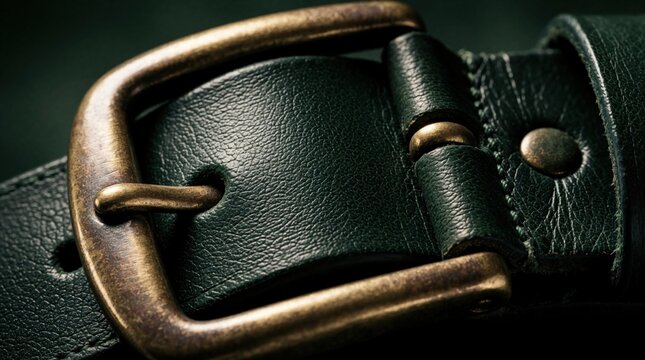 Close up shot of dark green leather belt with antique brass buckle. Textured material and stitching detail visible. Elegant fashion accessory for men or women.