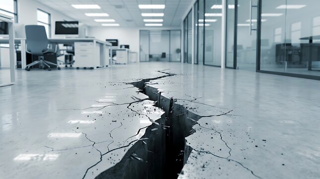 Deep crack in office floor representing business crisis and financial instability. Damaged corporate workspace floor with earthquake fissure. Concept of structural failure and economic ruin.