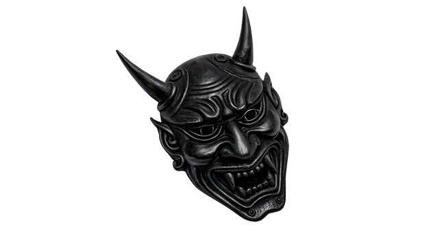 Scary traditional black Japanese Hanya demon mask used in Noh theater isolated on transparent background cut out