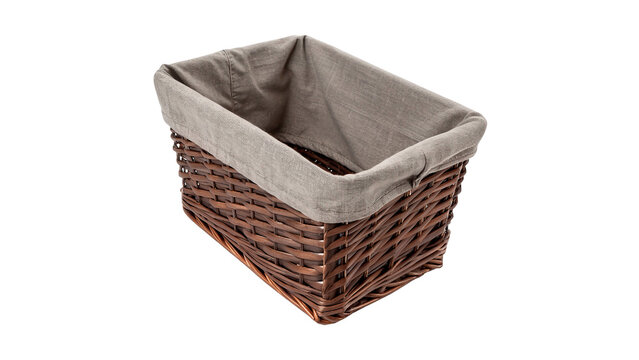 Empty vintage dark brown wicker basket with soft grey fabric lining isolated on transparent background cut out
