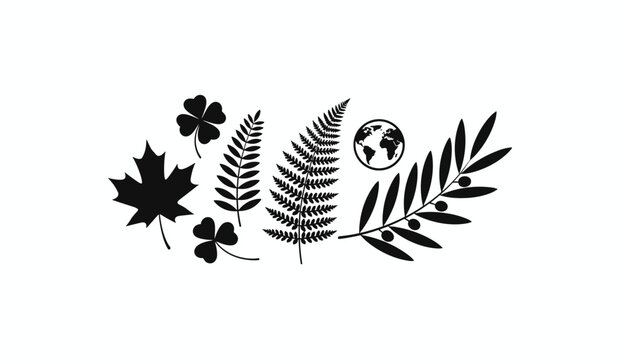 Eco-friendly botanical illustration with different types of leaves clover and a small planet Earth in black silhouette.