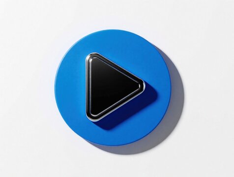 3D render of a metallic play button icon on a blue circle base. Shiny black triangle pointer against glossy blue disk. Starts video or music playback.
