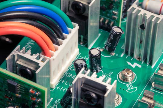Close-up, printed circuit board of amplifier, electronic device with components