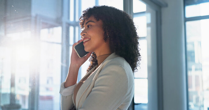 Smile, woman and phone call in office for business negotiation, real estate listing or talking. Mobile, happy person and listening to contact for property development deal, communication or sale