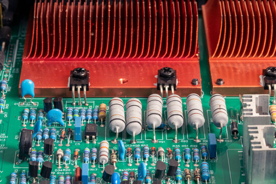 Close-up, printed circuit board of amplifier, electronic device with components