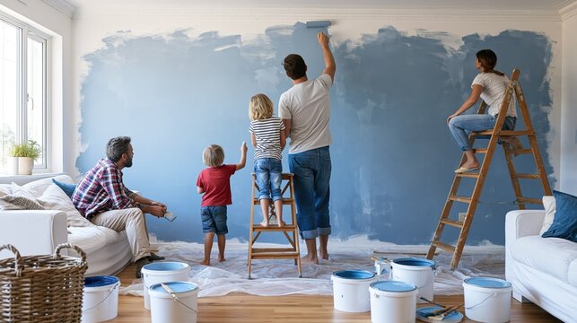 Family Engaged in Painting Contemporary Living Room Together
