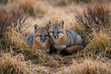 Naklejka premium Two foxes rest closely together in tall dry grass. Their fur displays grey orange and black tones. These wild animals are in natural habitat looking alert.