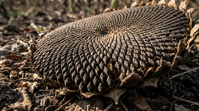 Dried Sunflower Head With Mature Seeds Resting on Earthy Soil in a Rural Agricultural Field After Harvest Season