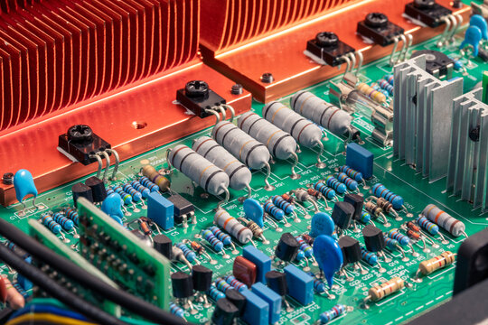 Close-up, printed circuit board of amplifier, electronic device with components