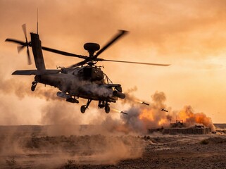 Obraz premium Apache Helicopter Fires Rockets During Sunset Combat Mission, Explosions and Smoke Fill the Desert Sky
