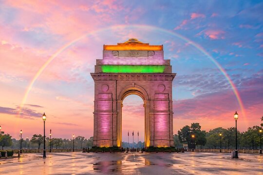 India Gate Morning View with Rainbow | Pink Blue Sky