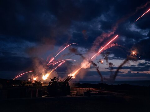 Anti-aircraft Guns Firing Illuminating Flares Over the Ocean at Night
