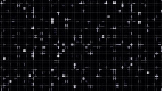 Abstract glowing digital grid background loop with flashing crosshair pixels and tech data nodes