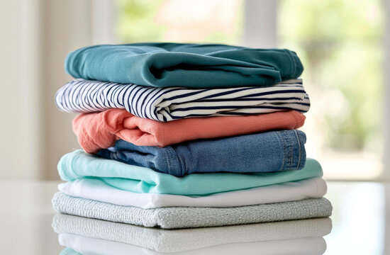 Colorful folded clothes form a neat stack on a white surface, laundry organization, clean clothing, wardrobe storage, household routine.