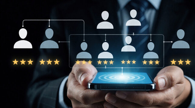 Man uses phone to view employee hierarchy and ratings. Digital HR management interface displays team structure with stars for performance. Workforce planning tool is shown.