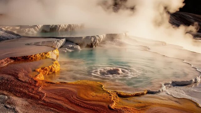 Steaming Terraces of Mineral Hot Springs with Colorful Rock Formations and Misty Atmosphere