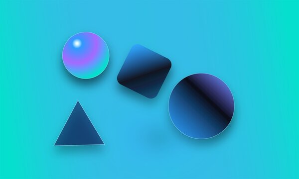 Abstract geometric shapes on blue background, 3D floating sphere and dark metallic icons, modern minimalist composition for tech design