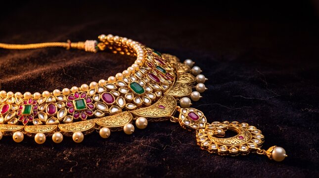 Traditional Pakistani bridal gold jewelry kundan necklace earring macro close-up dark
