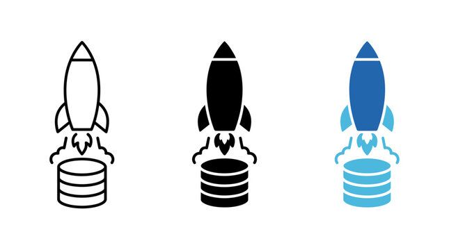 Data launch rocket icon set with database server stack imagery database technology