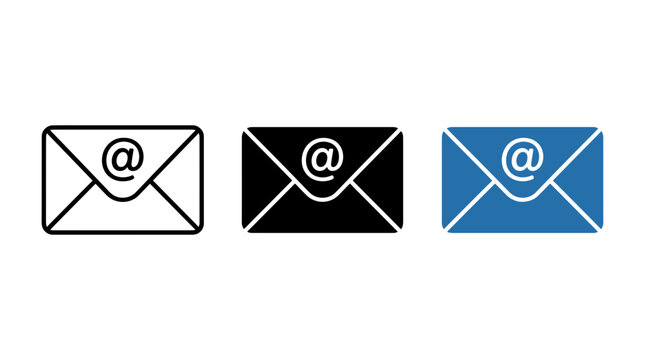 Email message envelope icon set with at sign for digital communication UI, envelope