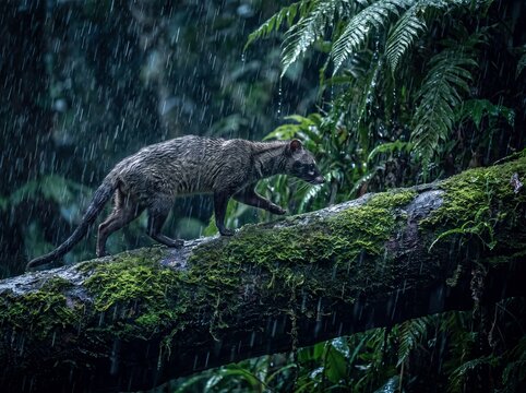 Asian Palm Civet Navigates Mossy Log During Rainforest Downpour