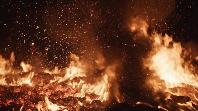 Dramatic Slow Motion Close-Up of a Roaring Bonfire with Embers and Flames