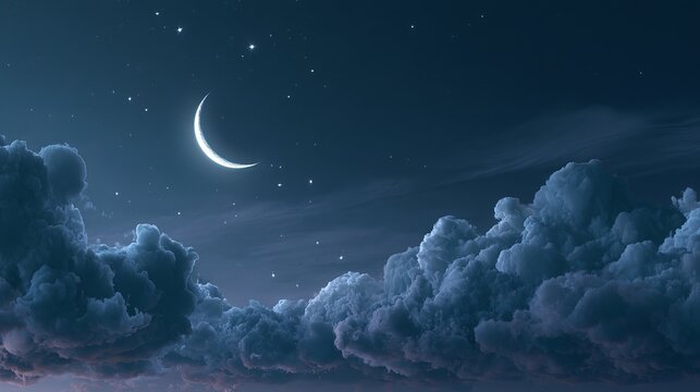Dramatic dark blue night sky showcasing a crescent moon and billowing clouds, forming a moody backdrop suitable for celestial themes or fantasy concepts