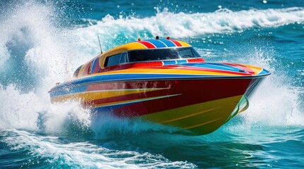 Fototapeta premium A colorful racing motorboat cuts through ocean waves, creating large water splashes. The fast vessel moves with power and speed on bright blue sea water.