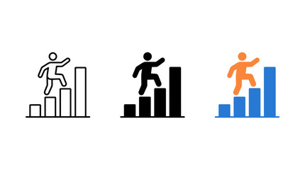 Fototapeta premium Business person climbing up step chart icons set with climbing business progress