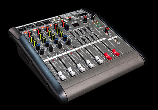 Close-up of amplifier, sound mixer for audio recording on black background with clipping path.