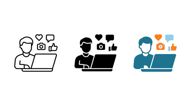 Social media content creator with laptop icon set influencer marketing feedback