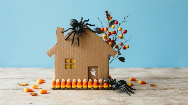 Cardboard haunted house with Halloween candy