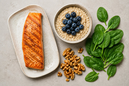 Salmon fillet, oatmeal with blueberries, walnuts and spinach on neutral background, clean eating concept.
