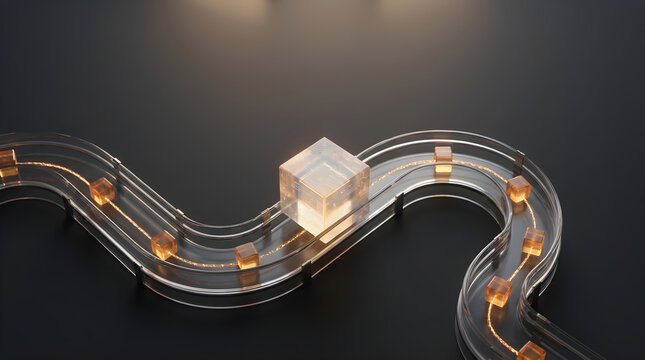 Blockchain network infrastructure with amber data cubes on curved transparent glass tracks around central node, distributed ledger technology and digital connectivity concept