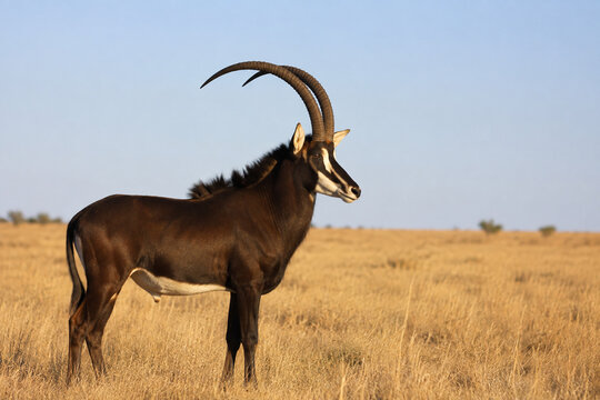 Sable antelope standing in dry savanna grass, wildlife nature concept