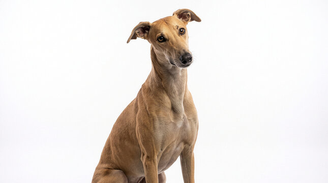 Greyhound Dog Sitting on White Background &ndash; Studio Portrait of Tan Purebred Sighthound