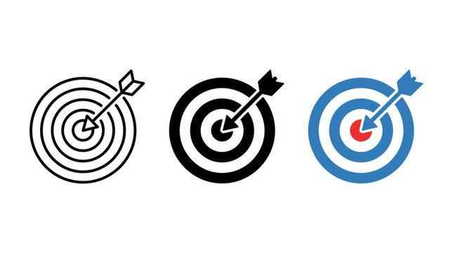 Set of three target dartboard icons with arrow hitting bullseye blue and red
