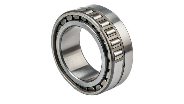 Metallic silver shiny steel industrial roller bearing mechanism hardware component isolated on transparent background