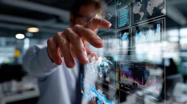 Businessman touching virtual screen with financial data and charts technology