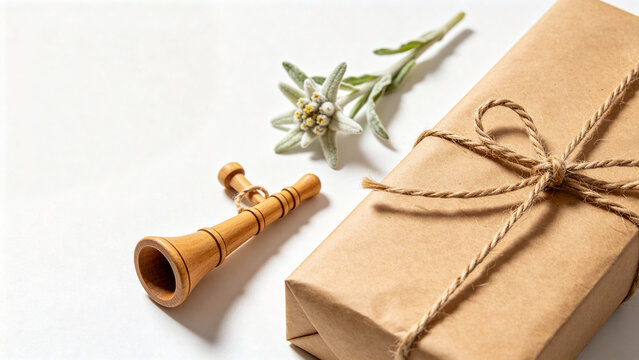 Wooden alphorn ornament, edelweiss sprig and kraft paper roll with twine, alpine gift wrapping concept