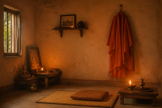 An Indian ashram room with an orange robe on the wall, lit by candlelight.